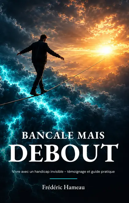 Couverture du livre Bancale mais debout, de Frédéric Hameau : un homme marche en équilibre sur un fil, au-dessus d'un ciel d'orage, vers le soleil.